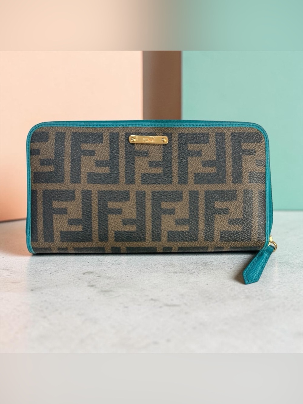 Fendi Brown FF Logo Zip Wallet with Teal Trim